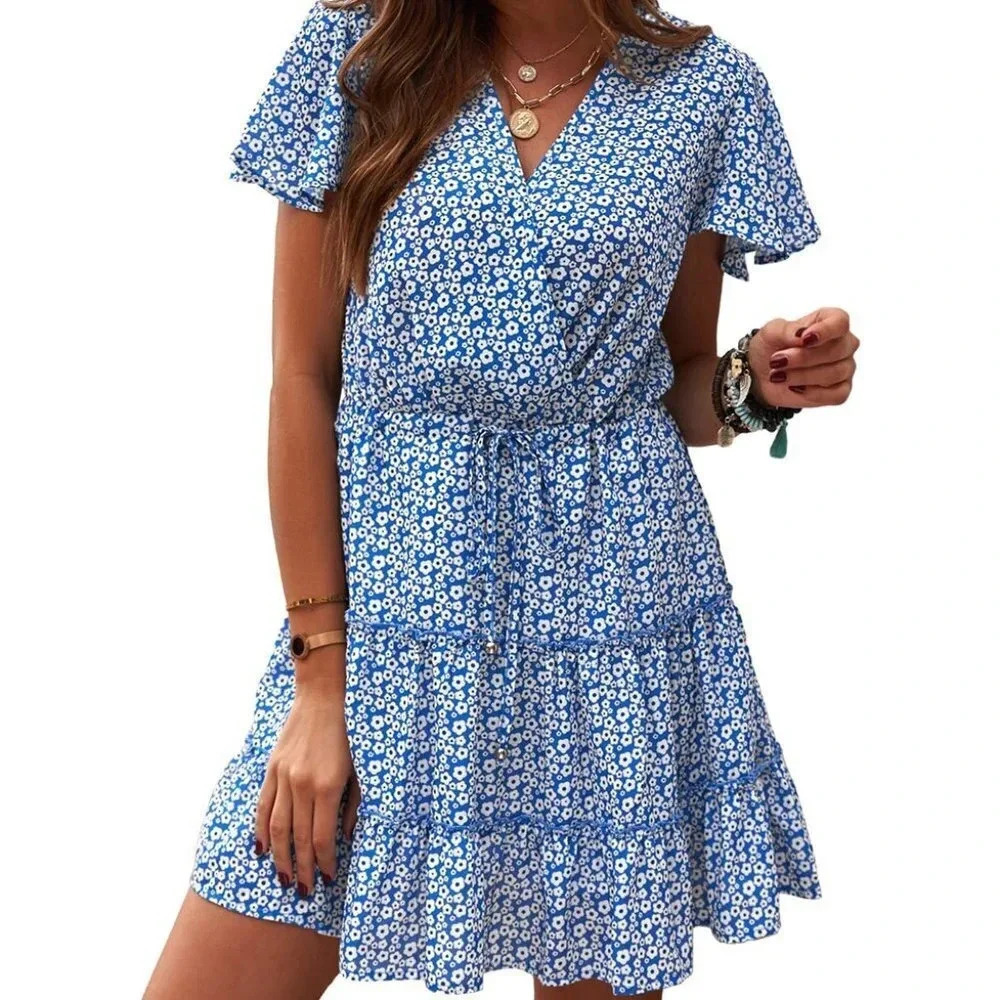 RUFFLED NEW WOMENS BLUE DRESS SUMMER CASUAL WHITE SPRING EASTER WEDDING SIZE S